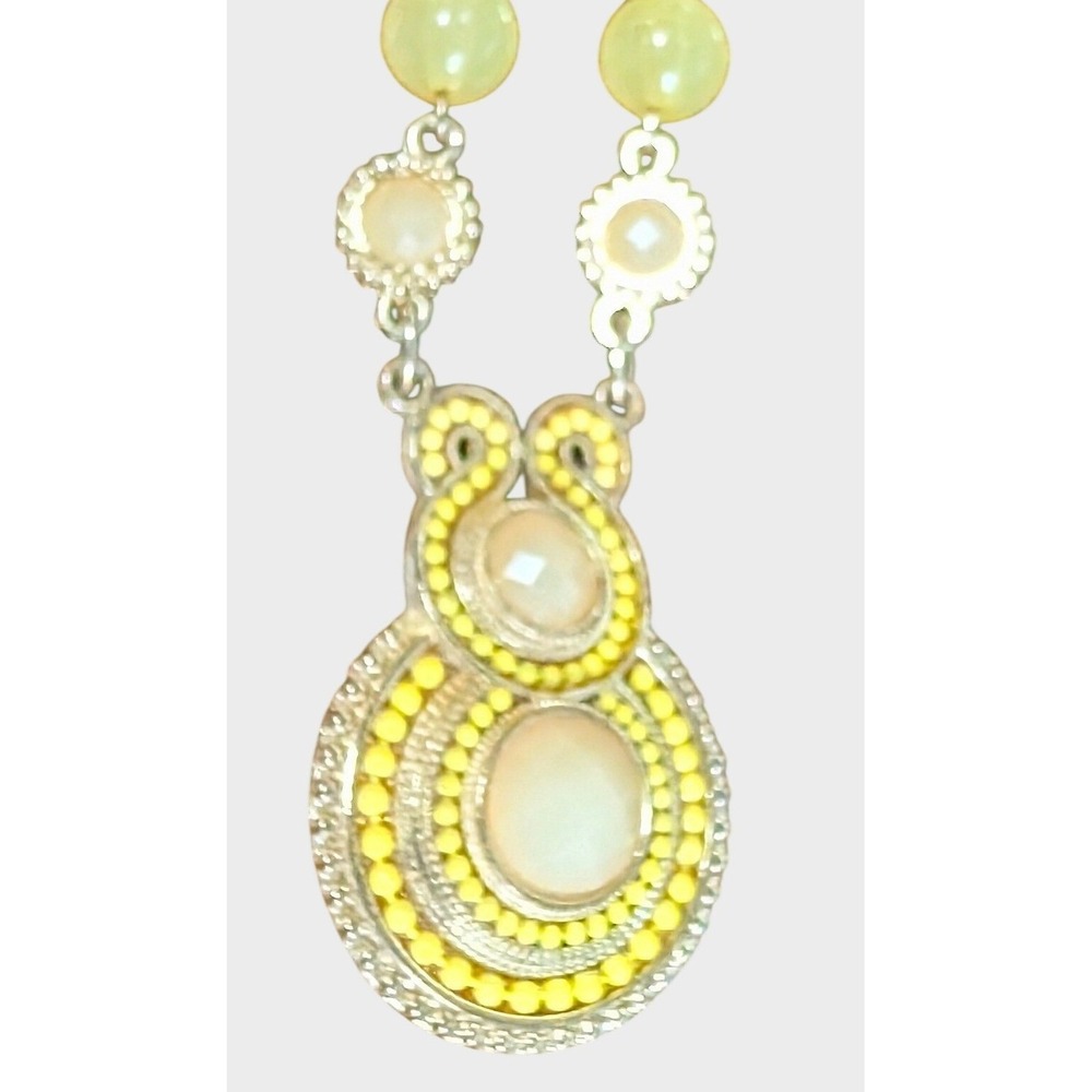 Yellow Necklace Lucite Beaded Boho Statement Pendant Silver Tone